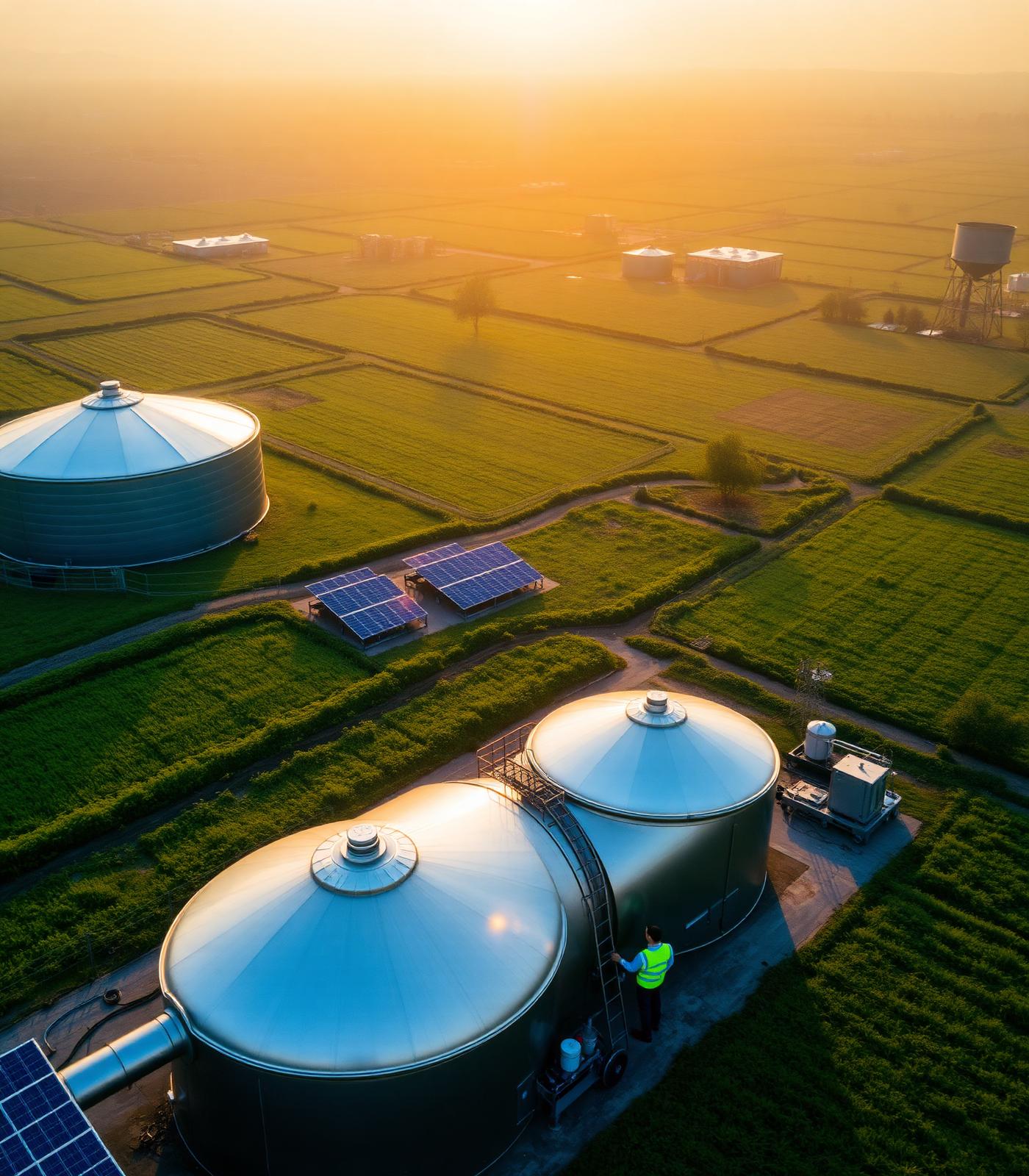 Sustainable biogas facility with solar panels at sunset